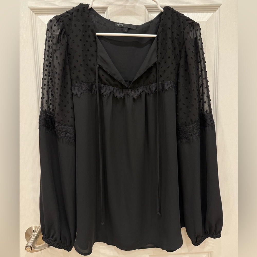 Gibson Nordstrom Sheer Swiss Dot Long Sleeve Blouse Black Large